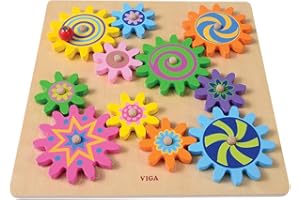 Constructive Playthings Interchangeable Spinning Gears with Fixed Axles On A 11 3/4" Sq. Wooden Base for Ages 18 Months and Up