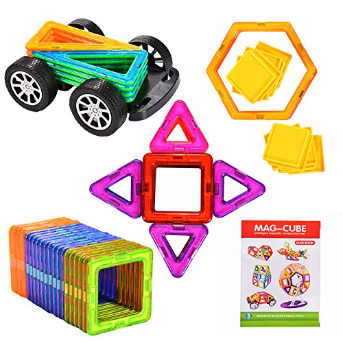 Acefun 70 Pieces Magnetic Blocks Set Educational Construction Stacking Toys Magnetic Building Tiles Blocks for Creativity Educational, Come with Car and Wheel Set