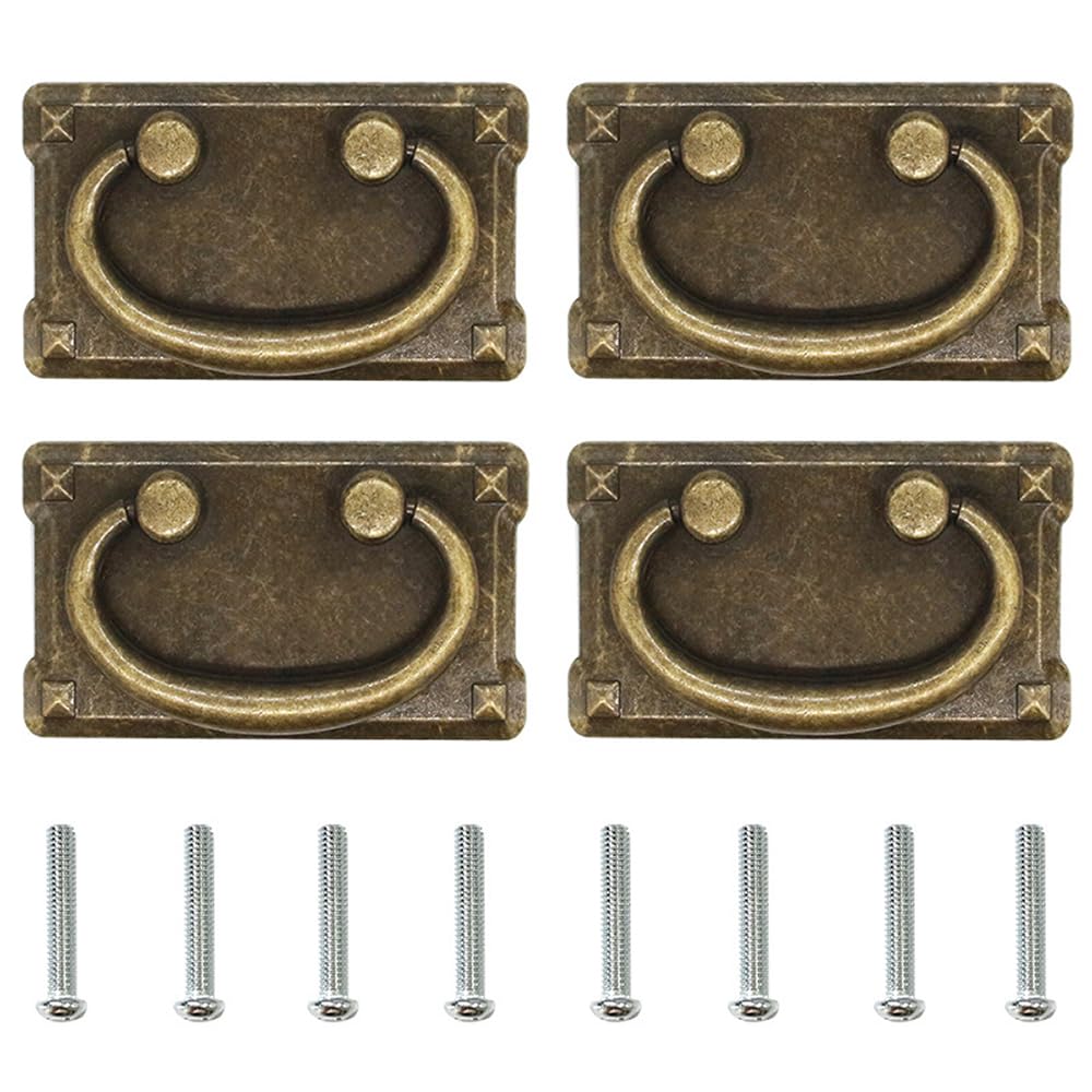 POFET 4pcs Vintage Antique Bronze Drawer Ring Pull Handles, Cabinet Door Furniture Handle Decoration Bronze