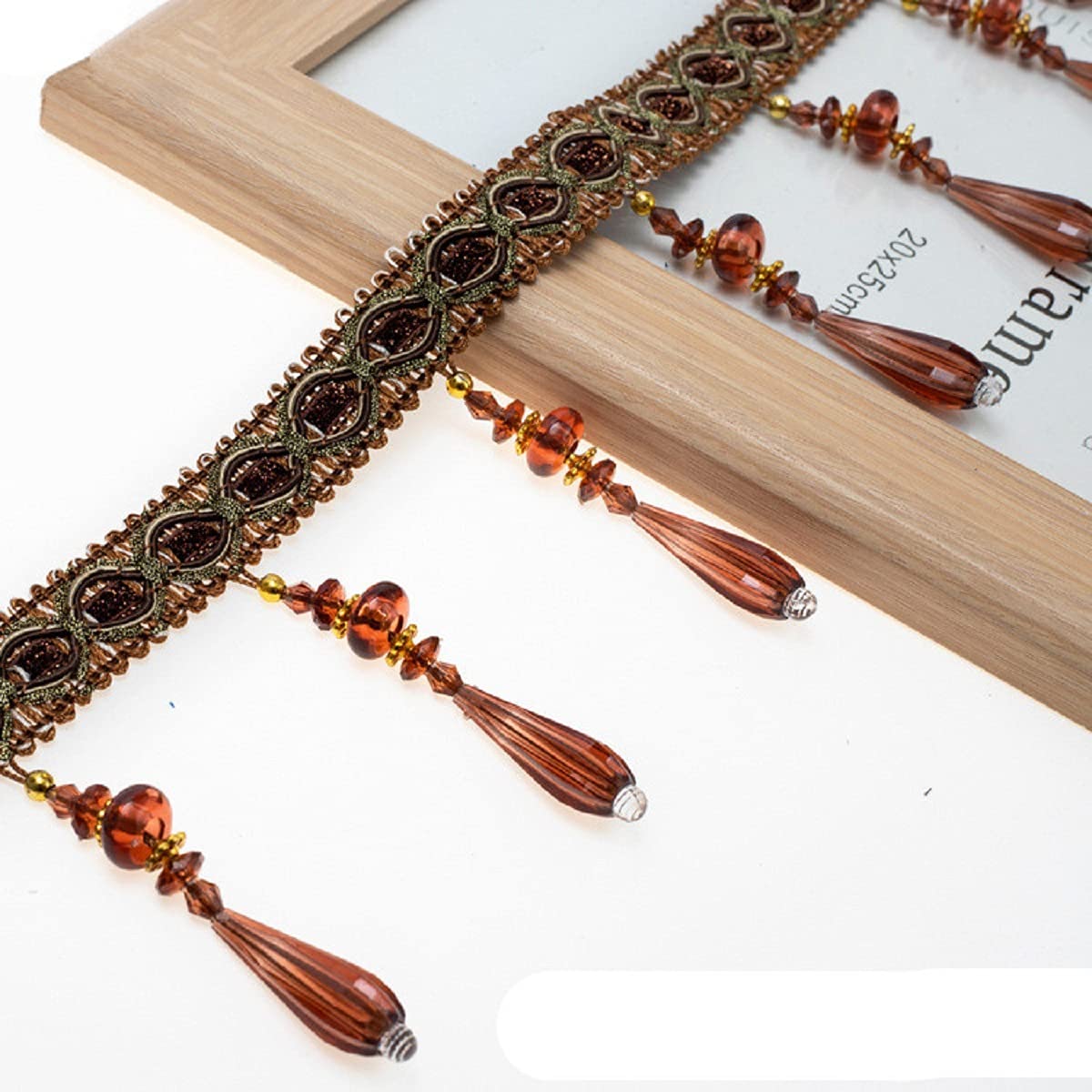 Yalulu 4 Yards Braided Hanging Beads Tassel Fringe Trimming Hanging Ball Trim Applique Fabric Ribbon Tape Band for Curtain Table Lampshades Wedding Decorated (Deep Coffee)