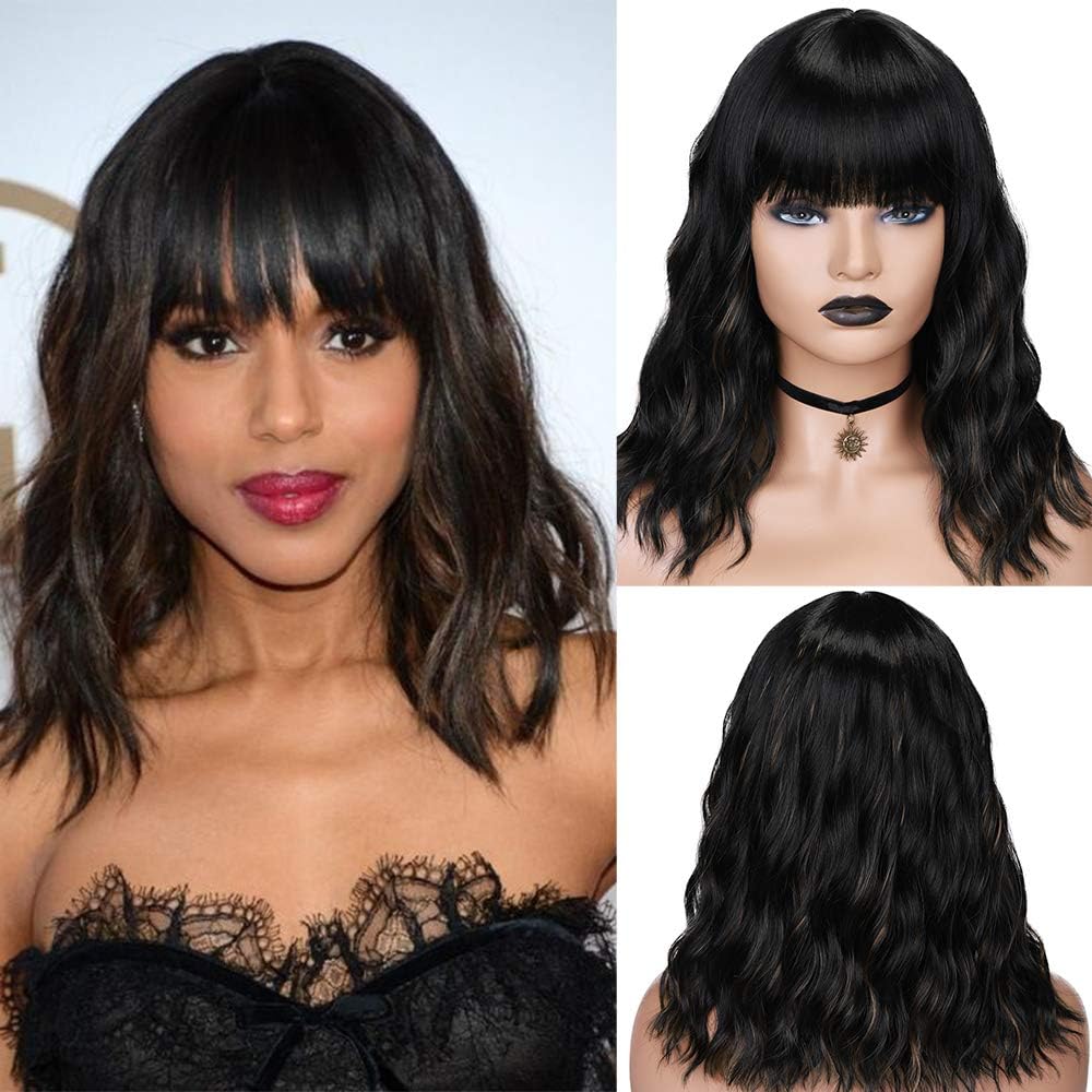 Fancee Short Bob Wig Curly Wavy Wig Mid Length Synthetic Wig with Bangs for Black Women Girl's Cosplay Daily