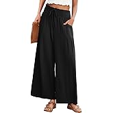 JUYUEO Linen Palazzo Pants for Women Wide Leg High Waist Casual Loung Trousers Beach Travel Vacation Harem Pants with Pockets