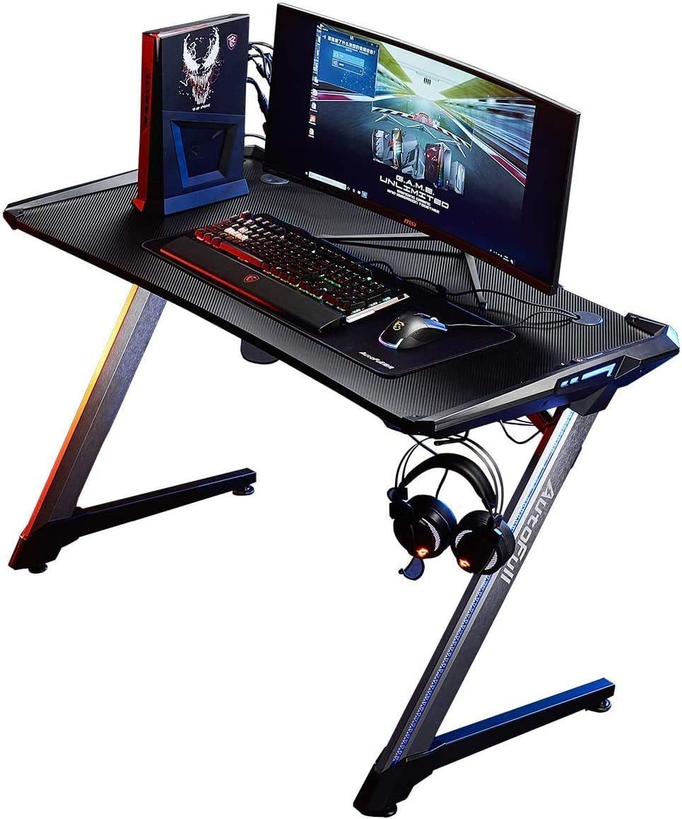 AutoFull Ergonomic Gaming Desk 47 Inch Z Shaped Home Office PC Computer Desk with LED Lights, Gamer Tables Pro with Hidden Concentrator & Headphone Hook,Black