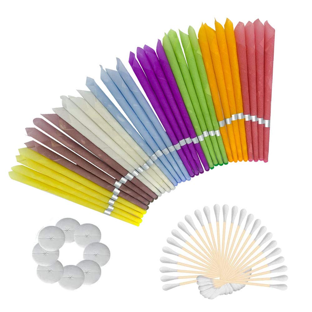 All Natural Ear Candles Beeswax Candling Cones - (8 Colours), Organic Non-Toxic Cylinders Fragrance Hollow Cone Candles with 8 Protective Disks (32pcs)