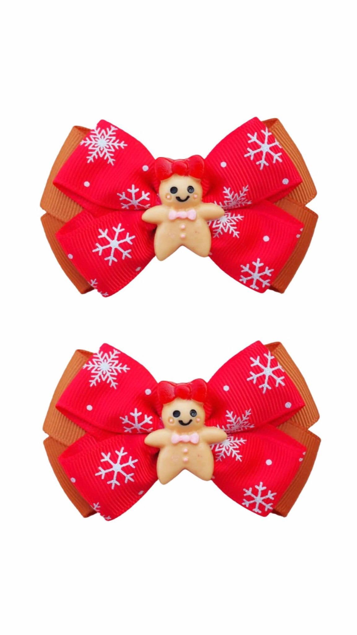 MeiMei Christmas Gingerbread Girl Hair Bow with Elastic Bobble – Handmade Girls Hair Tie, Grosgrain Ribbon Hair Accessories, Xmas Stocking Filler & Gift, 2 Pieces (Gingerbread Girls, BTF25, Bobbles)