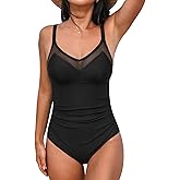 CUPSHE Women's One Piece Swimsuit Bathing Suit V Neck Back Hook Cutout Adjustable Straps Ruched Mesh