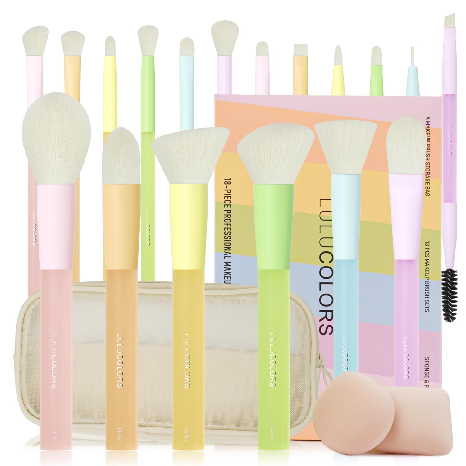 Photo 1 of LULUCOLORS 18-Pcs Makeup Brush Set for Beginners - Travel-Friendly with Soft Arthritis-Friendly Handles & Non-Shedding Bristles | Includes Storage Bag, Eyeshadow Brushes & Sponges (Multi-Color)