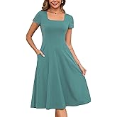 Annebouti Womens Spring Summer 2025 A-Line Square Neck Short Sleeve Semi-Formal Casual Work Midi Dress with Pockets