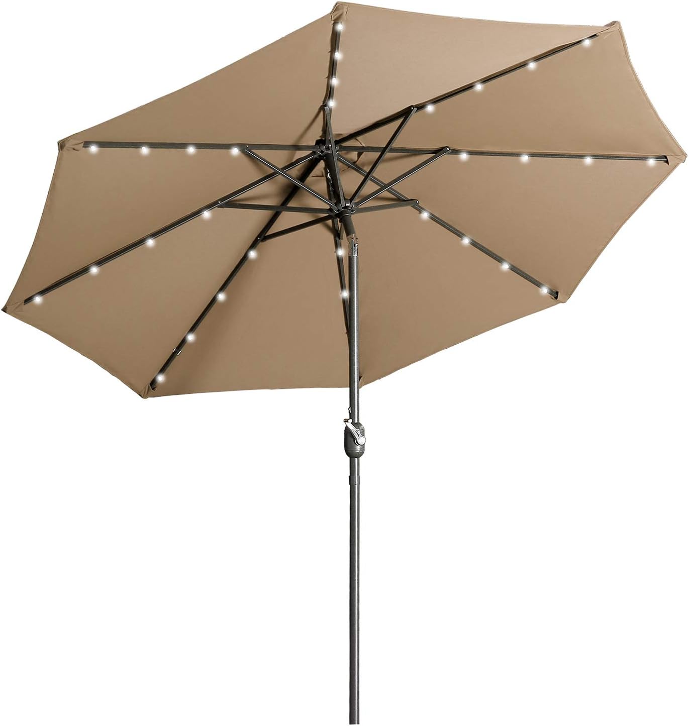 Amazon Com Aok Garden 9 Ft Patio Umbrella With Solar Lights Outdoor 32 Led Table Umbrella 8 Ribs With Push Button Tilt And Crank For Market Deck Backyard And Pool Taupe Color
