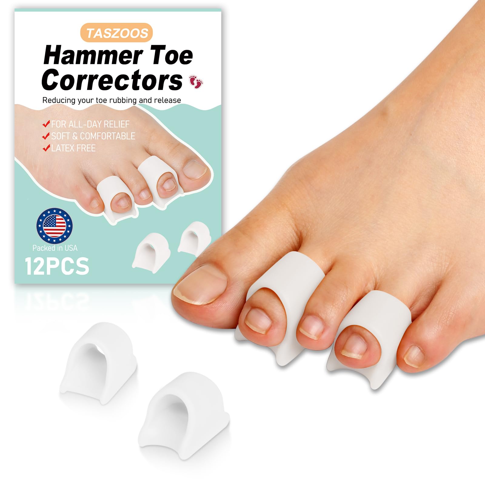 Photo 1 of TASZOOS Hammer Toe Corrector Straightener - Toe Splint (12pcs, White), Gel Toe Corrector Relief for Bunion, Hammer Toes, Curled, Crooked, Claw Toes (2 Different Sizes, M/S)