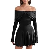 Infeel newz Off The Shoulder Dresses for Women Flowy Bodycon Ruffle Long Sleeve Spring Short Sexy Mini Dress