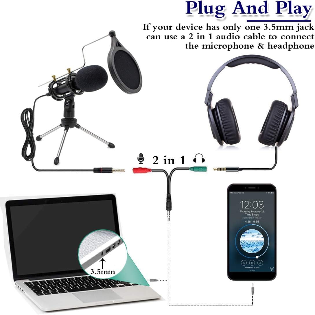 Condenser Microphone for Computer Studio Recording Podcast Microphone with Pop Filter 3.5mm Plug and Play PC Phone Microphone for Skype YouTube Voice Overs Gaming Mic: Home Audio & Theater