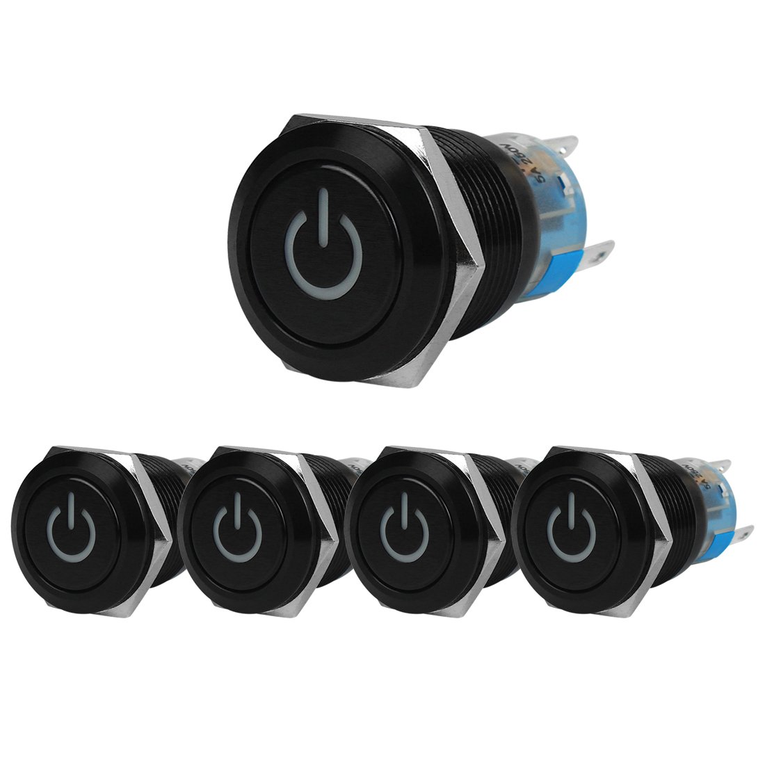 Larcele 19mm Push Switch with LED Indicator Light DIY 12V Electric Latch Switch,Black, Energy Symbol- Pack of 5 JSANKG-11