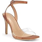 Coutgo Womens Clear Heels Sandals Square Toe Ankle Strap Sexy High Heeled Stiletto Dress Shoes