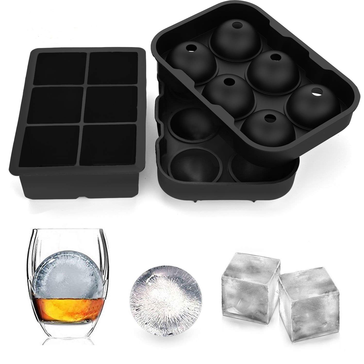 Large Ice Cube Trays Silicone Combo Mold,J-Sheng Reusable Silicone Molds (set of 2) Sphere Round Ice Ball Maker and Large Square Ice Cube Mold For Cocktails, Whiskey Glasses, Scotch Bourbon-black