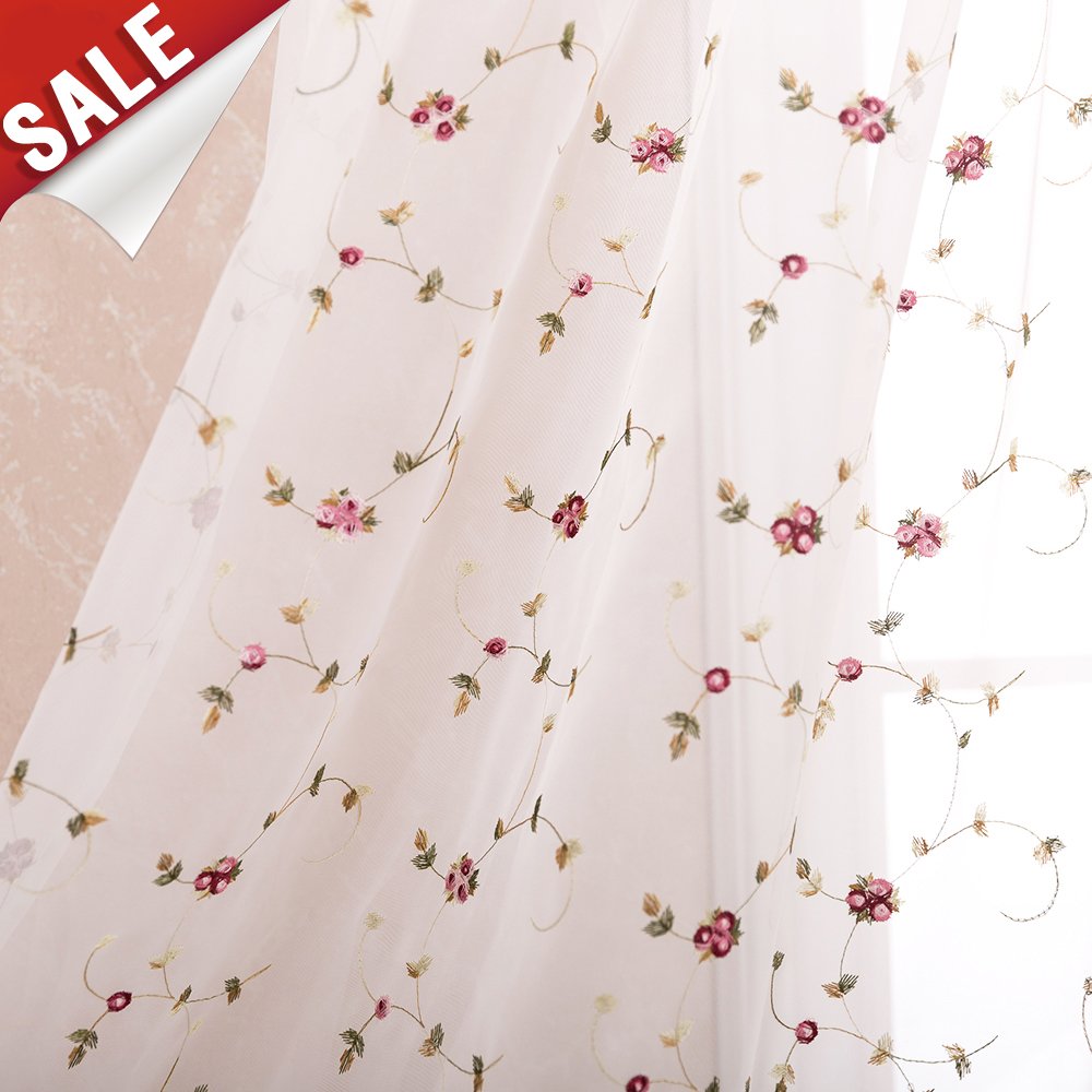 Floral Embroidered Sheer Curtains For Living Room Rose Buds Rod