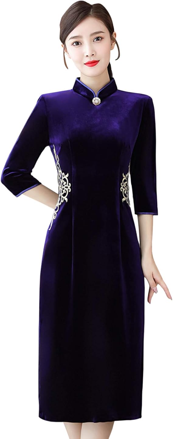 Janjunsi 中国の伝統的な女性ベロアチャイナドレスヴィンテージ刺繡ドレスクラシックチャイナドレス ワンピース チュニック 通販 Amazon