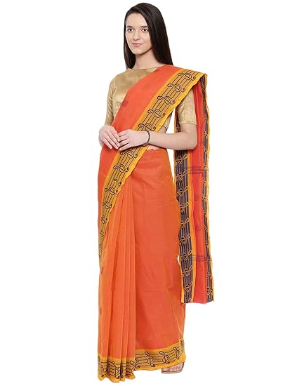 Womens Chettinad Pure Cotton Saree With Running Blouse Piece (CCMYSC10488_Orange)