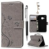 HTC M9 Leather Case, HTC One M9 Case Wallet, MOLLYCOOCLE PU Leather Wallet Embossed Florals Kickstand Magnetic Flip Case Card Holders & Hand Strap Case Cover for HTC One M9 / HTC M9 -Gray