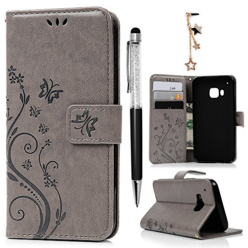 HTC M9 Leather Case, HTC One M9 Case Wallet, MOLLYCOOCLE PU Leather Wallet Embossed Florals Kickstand Magnetic Flip Case Card Holders & Hand Strap Case Cover for HTC One M9 / HTC M9 -Gray