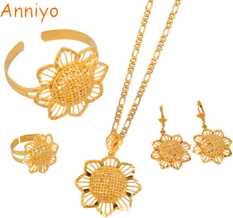 LTH12 Jewelry Sets - Anniyo Saudi Arabia Jewelry Pendant Chain Earrings Ring Bangle African Ethiopian Bride Wedding Gold Color Flower Itmes #054706 1 PCs
