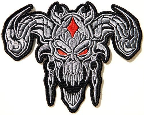 4.5" x 3.75" Red Flame Eyes Goat Horn Master Skull Logo Outlaw MC Biker Patch Sew Iron on Embroidered Badge