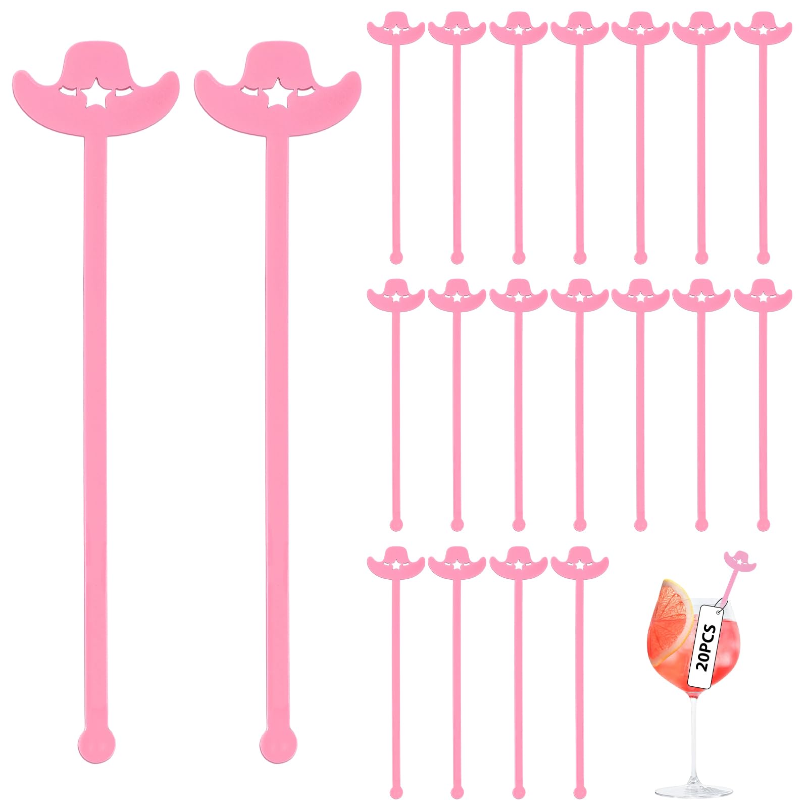 Photo 1 of 20 Pcs Cowboy Drink Stirrer, Reusable Acrylic Cocktail Stirrers, Unique Pink Cowboy Hat Pattern Stir Sticks for Cocktails Coffee Bachelorette Party Wedding Festival Decoration
