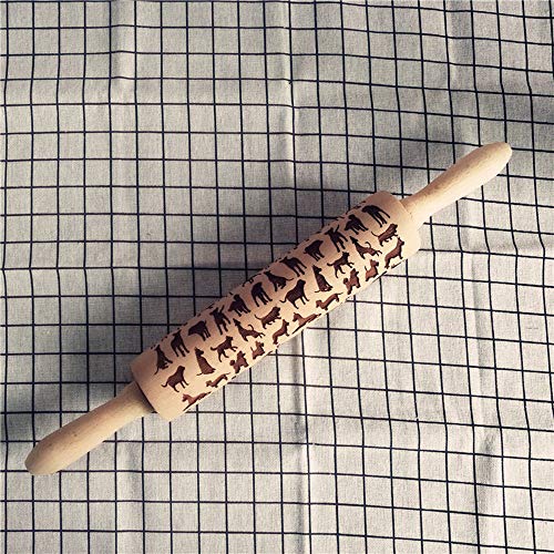 Transer Wooden Rolling Pins with Embossing, Natural Wood Cat Carved Engraved Rolling Pin for Baking Embossed Cookies, 15.2 Inches (Yellow - cat)