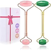 ZS ZESHIN 2 Pack Jade Facial Roller & Rose Quartz Face Roller for Wrinkles and Puffiness, Natural Jade Stone Face Massager Roller