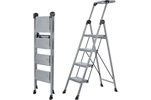 XinSunho 4 Step Ladder, Foldable Step Stool Ladder with Handrails & Tray, 660 lbs Heavy Duty Wide Pedals, Sturdy Steel Folding Ladder for Kitchen, Home, and Household Use(Silver, 4 Step)