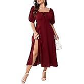 Women's Plus Size Summer Dress Short Sleeve Square Neck Milkmaid Dress Tie Front Split A-Line Maxi Long Dresses