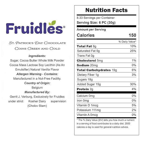 FRUIDLES ST. PATRICK’S DAY WHITE, GREEN AND GOLD COIN FOILS, BELGIAN MILK CHOCOLATE THEME BOX, KOSHER CERTIFIED DAIRY (HALF-POUND)