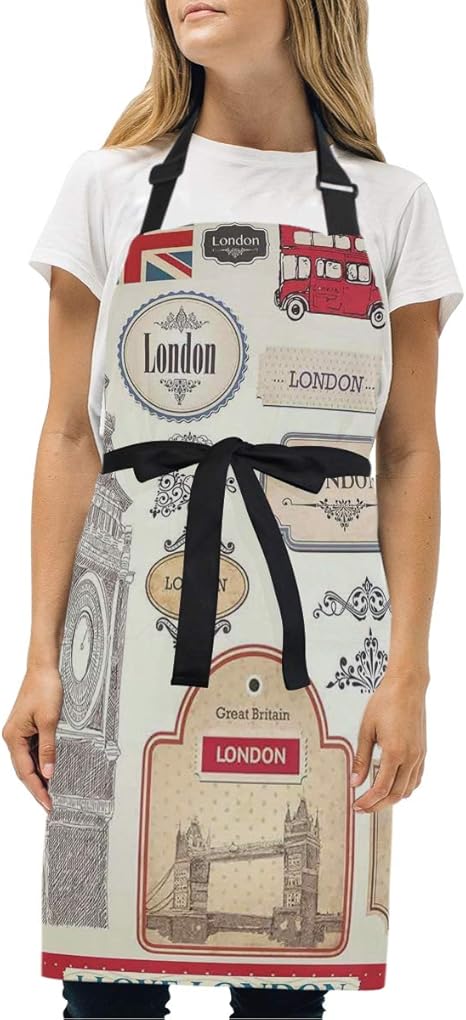 Amazon Miscery エプロン 従来の英国の特徴ビッグベン赤バスタワーと橋バナー 耐久性 調節可能 おしゃれ 男女兼用 仕事用 保育士 カフェ 料理室 家庭用 ファッション柄 エプロン オンライン通販