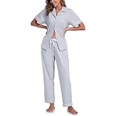COLORFULLEAF Women's 100% Cotton Pajamas Set Button Down Sleepwear Short Sleeve Shirt and Long Pants Soft Ladies Lounge Sets