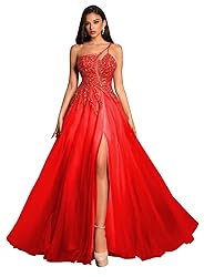 Beading Lace Tulle Prom Dresses with Slit Long