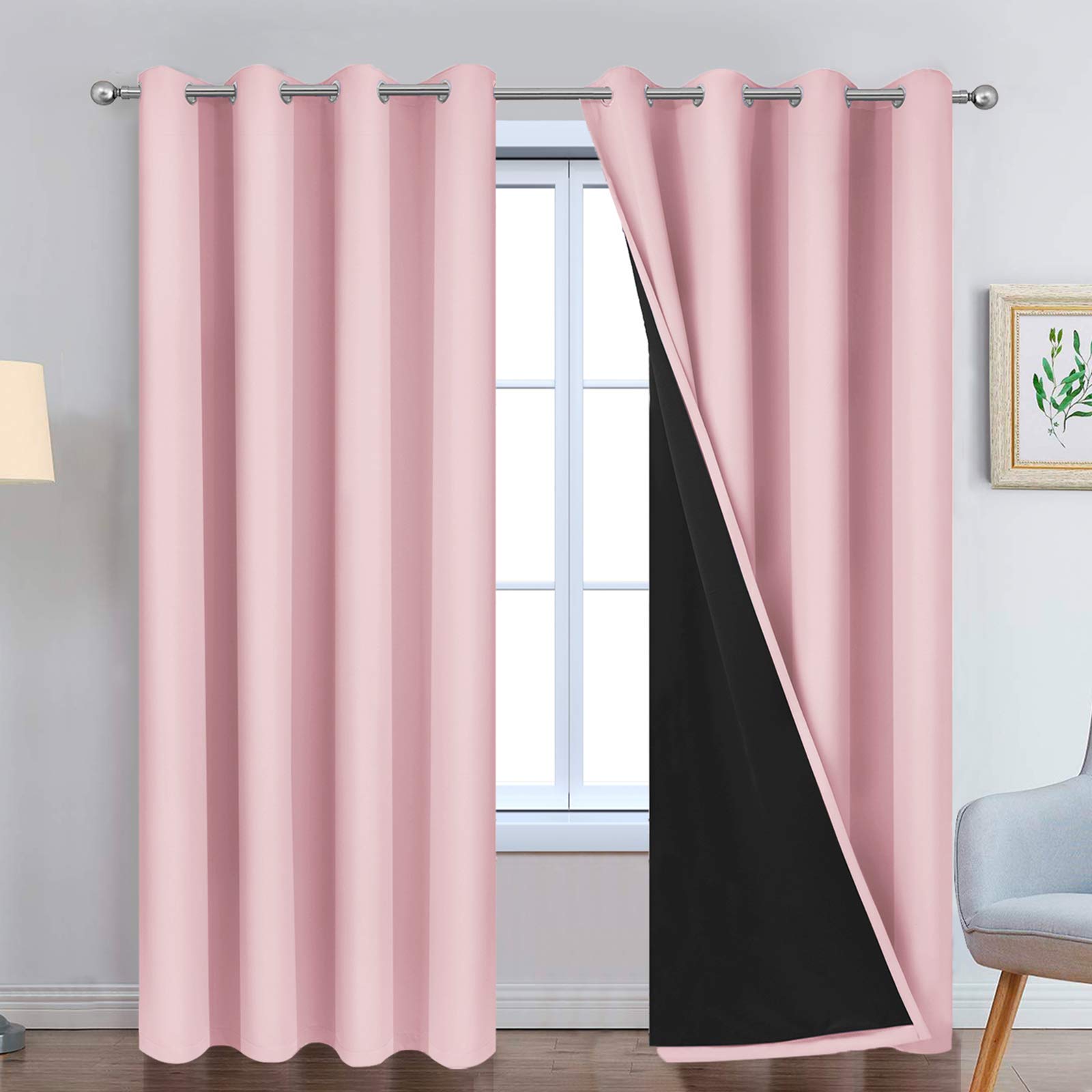 Photo 1 of Yakamok Total Blackout Curtains, 2 Thick Layers Completely Blackout Thermal Insulated Drapes with Black Liner for Bedroom(52Wx96L, Pink, 2 Panels)