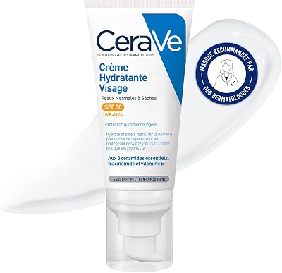 - Crème Hydratante Visage SPF50, Crème Visage et Cou Protège du Soleil et Hydrate, avec Technologie MVE, Acide Hyaluronique, Niacinamide, Soin de jour, Peaux Normales à Sèches
