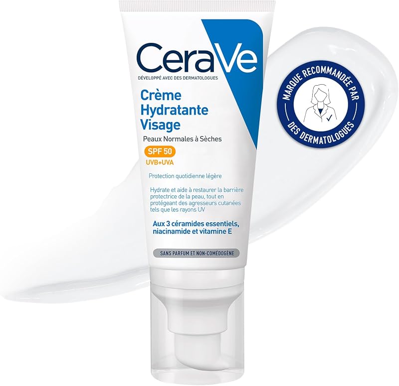 - Crème Hydratante Visage SPF50, Crème Visage et Cou Protège du Soleil et Hydrate, avec Technologie MVE, Acide Hyaluronique, Niacinamide, Soin de jour, Peaux Normales à Sèches