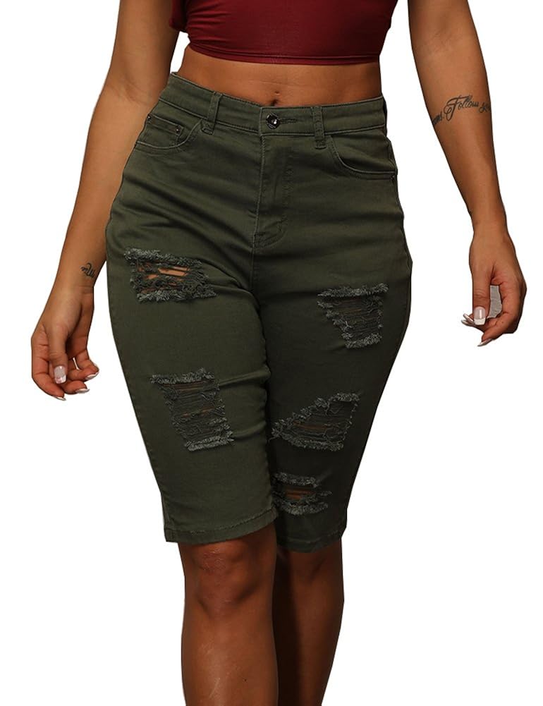 Uoohal Womens Knee Length Cut Off Denim Shorts Distressed Ripped High