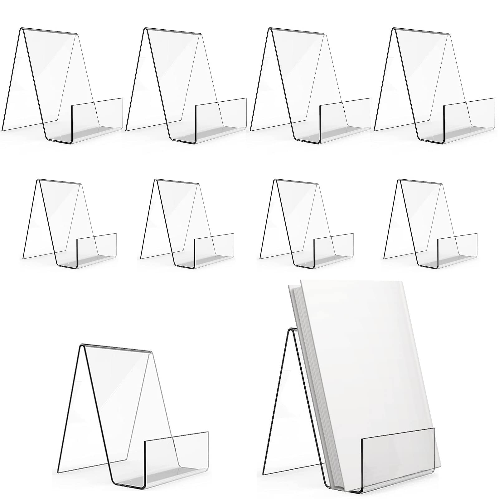 Dicunoy 10Pcs Acrylic Book Display Stand, 2-Size Clear Books Display Easels, Sign Holder Stand, Tabletop Art Holder for Picture Album, Brochure, Paperbacks on Shelves,10x10x15cm, 7.5x9x10cm