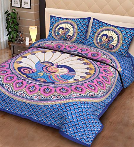 Fecom Queen Size Rajasthani Jaipuri Traditional Sanganeri Design 100% Cotton Double bedsheet Bedspread Bed Cover with Pillow Covers 90” X100 Bule