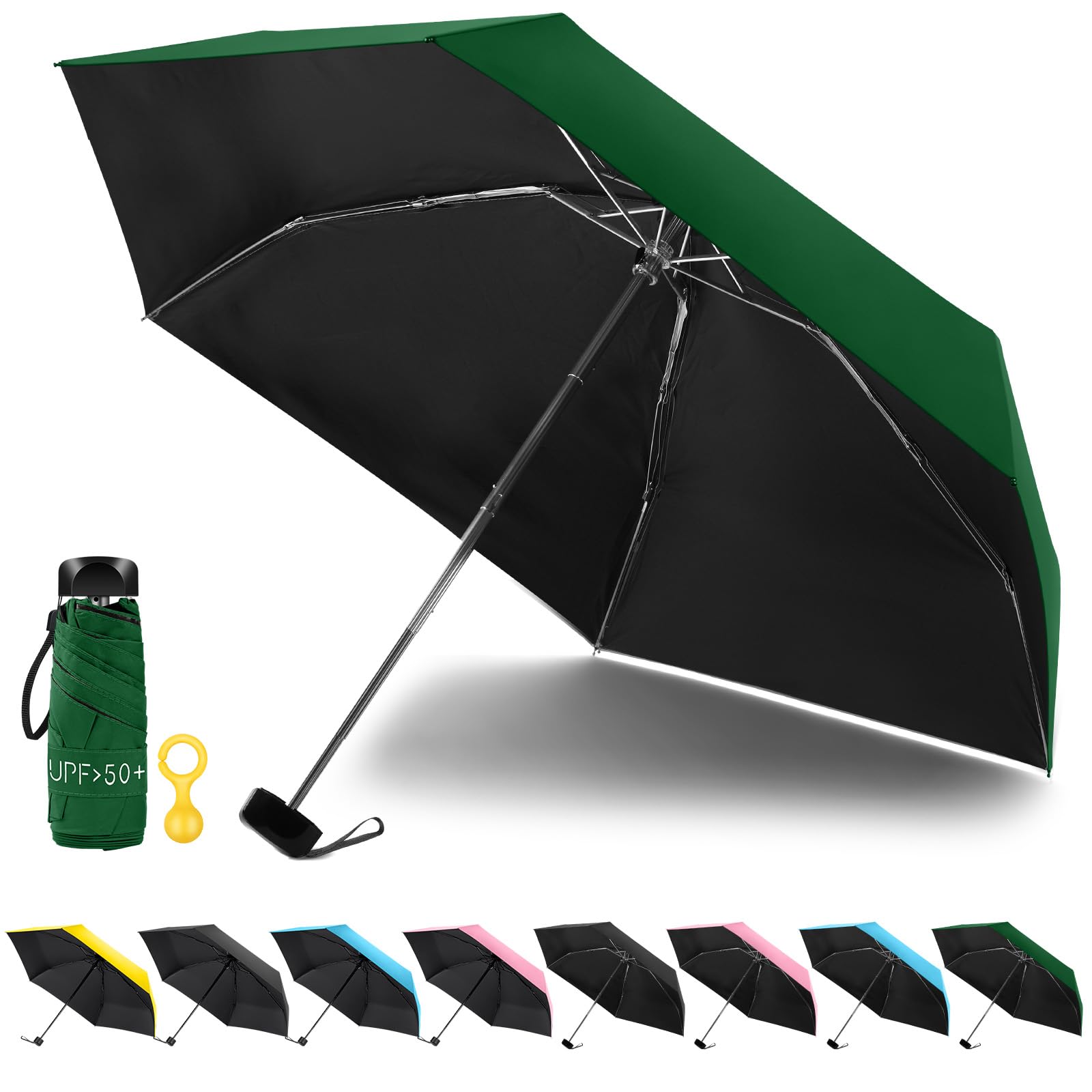 Vicloon Mini Travel Umbrella, Pocket Umbrella Foldable Compact with Flat Handle, 6-Rib Light-Weight Waterproof Sturdy and Portable Umbrellas, Rain and Sun Umbrellas, UPF>50+ Protection (Dark Green)