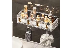 No Drill Wall-Mounted Bathroom Shower Caddy With Hooks, Heavy-Duty Storage Shelf for Shower, Bathtub & Sink, Clear