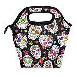 Lunch Tote Bag Sugar Skull Flowers Rose Daisy Insulated Cooler Thermal Reusable Bag, Mexican Day Of The Dead Skull Love Heart Lunch Box Portable Handbag for Men Women Kids Boys Girls