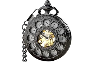 VIGOROSO Vintage Hand Wind Up Pocket Watches for Men, Mechanical Pocket Watch with Chain, Mens Skeleton Pocketwatch