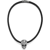COOLSTEELANDBEYOND Sugar Skull Necklace for Men, Black Leather Cord Choker with Carved Skull Bead, Gothic Jewelry