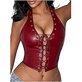 WDIRARA Women's Punk PU Leather Halter Top Grommet Eyelet Tie Front Corset Crop Top