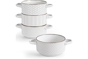 Anmula French Onion Soup Bowls – 27 Oz Embossed Ceramic Soup Crocks with Handles for French Onion Soup, Beef Stew, Chili, Che