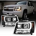 ACANII - For 2007-2014 Chevy Suburban Tahoe Avalanche Black OPTIC LED Tube Projector Headlights Headlamps Set Left+Right, Onyx Black V3