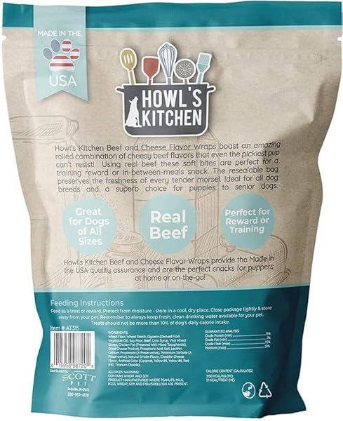 HOWL’S KITCHEN BEEF AND CHEESE FLAVOR WRAPS, 12 OZ BAG, 1 COUNT, NATURAL SMOKED FLAVOR, RAWHIDE FREE, SOFT AND CHEWY DOG TREATS FOR TRAINING, FOR ALL BREED SIZES